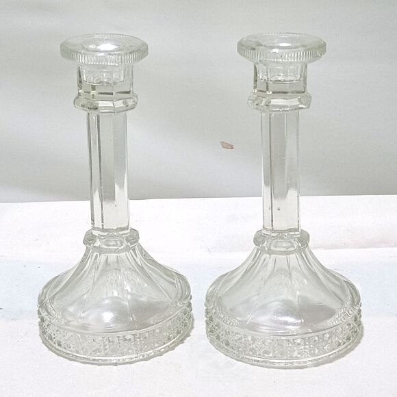VTG Set of Two (2) Clear Glass Taper Candlesticks Eight-Sided with Raised Beaded - Picture 1 of 3
